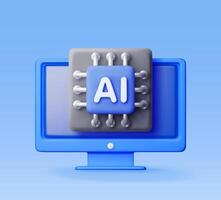 3d AI chip in computer. Render artificial intelligence mobile computer chip set icon. AI processor in business, science work. vector