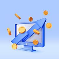 3D growth stock coin chart and arrow on computer. Render stock arrow with money on monitor shows growth or success. vector