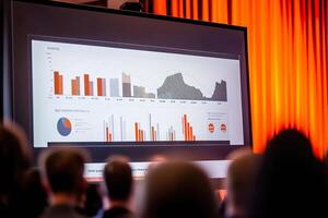 Marketing presentation features graphs and visuals presented to engaged audience members. photo