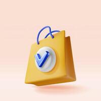 3D shopping bag with green check mark isolated. Render shopping or gift bag with approved checkmark. Completed order, successfully purchase vector