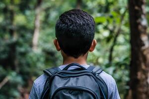 Young boy exploring a forest trail with backpack, back view. photo