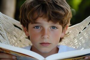 Young boy reading a book while relaxing in a hammock on a sunny day. photo