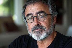 Middle aged man with beard and glasses sitting indoors, mid life age. photo