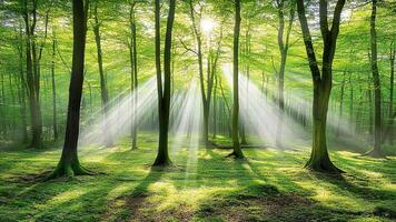 Sunlight filters through green trees in a tranquil forest setting during the day. photo