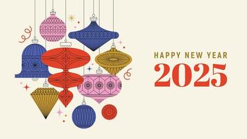 Modern Happy New Year 2025 design with geometric ornaments and minimal style. Perfect for festive greetings, seasonal decor, and celebration projects vector