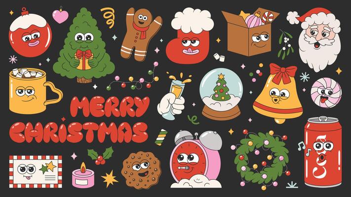 Retro Merry Christmas and NY collection. Tree, Santa Claus, gingerbread, sweets, wreath, garland, gifts, balls, bell of trendy vintage mascot style. Groovy cartoon sticker pack