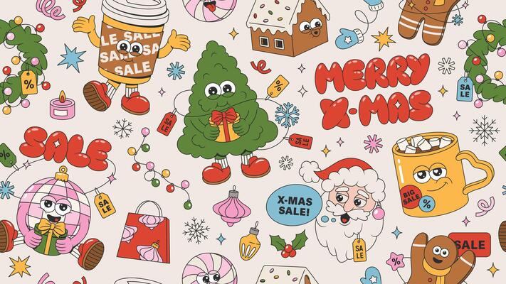 Merry Christmas and Happy New Year sale seamless pattern. Tree, wreath, garland, gifts, balls, Santa Claus, sale tags of trendy retro mascot style. Happy groovy cartoon elements