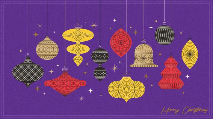 Elegant Christmas design with hanging ornaments in geometric patterns on a purple background. Perfect for holiday greetings, festive branding, and seasonal decor projects