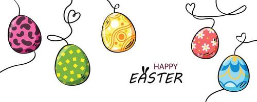 Easter eggs illustration banner. Concept of easter egg hunt or egg decoration art. Cartoon style, horizontal poster, greeting card, header for website. vector