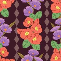 Seamless pattern of flowers and diamond pattern, Red wine color tone background, Modern floral pattern, Vintage floral background, Pattern for design wallpaper, Gift wrap paper and fashion prints. vector