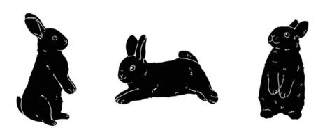 Rabbit Silhouette illustration. A realistic black rabbit that performs various poses. modern minimal style, Cartoon illustration isolated on white background. vector