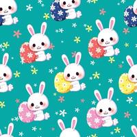 Seamless pattern cartoon of little bunny hugs an Easter egg, Easter eggs for Easter holidays. Pattern for fabric and wrapping paper, Pattern for design wallpaper and fashion prints. vector