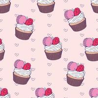 Seamless pattern of cute sweet cupcake. Pink cupcakes and macarons. Pattern for fabric and wrapping paper, Pattern for design wallpaper and fashion prints. vector