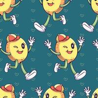 Seamless pattern of cute groovy cartoon lemon. Cartoon retro lemon with a smiling face. Pattern for fabric and wrapping paper, Pattern for design wallpaper and fashion prints. vector
