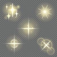 Blink light effect set. Soft golden glow, Star shining blinks with highlight effect. Magic shine bright flare. Shiny glitter effect glare. Illustration of blinking star. vector