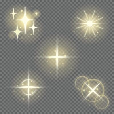 Blink light effect set. Soft golden glow, Star shining blinks with highlight effect. Magic shine bright flare. Shiny glitter effect glare. Illustration of blinking star.