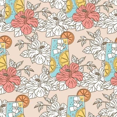 Seamless pattern of cocktail drinks and hibiscus flower, Modern floral pattern , Vintage floral background, Pattern for design wallpaper, Floral print design, Gift wrap paper and fashion prints.