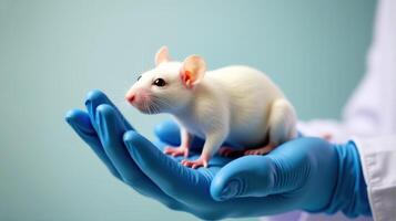 Scientist in Gloves and Lab Coat Handling a Laboratory Mouse photo
