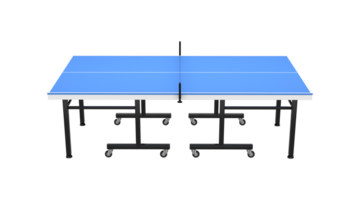 Blue table tennis table with a net, white boundary lines and a black frame on wheels 3D Illustration png