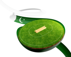 3d Wavy Ribbon Flag Of Pakistan With Cricket Stadium Grass Cricket Pitch Game Field 3d Illustration png