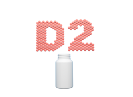3d esvaziar branco comprimido garrafa com d2 texto fez do arredondado Vitamina d2 comprimidos 3d ilustração png