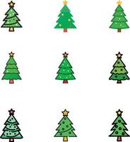 New Year set with christmas trees. Evergreen trees with balls, stars and garlands. Fir trees for Christmas. vector