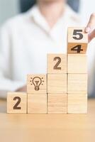 2024 year change to 2025 year block with lightbulb. Business Idea, Creative, Thinking, brainstorm, Goal, Resolution, strategy, plan, Action, change and New Year start concepts photo