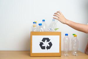 Volunteer keep plastic bottle into paper box at home or office. Hand Sorting Recycle garbage. Ecology, Environmental, pollution, Dispose recycling, waste management and trash Separation concept photo