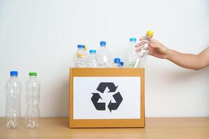 Volunteer keep plastic bottle into paper box at home or office. Hand Sorting Recycle garbage. Ecology, Environmental, pollution, Dispose recycling, waste management and trash Separation concept photo