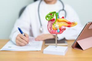 Doctor with human Pancreatitis anatomy model with Pancreas, Gallbladder, Bile Duct, Duodenum, Small intestine and tablet. Pancreatic cancer, acute pancreatitis and Digestive system photo