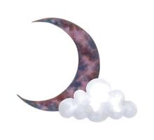 Clipart of the celestial element of a crescent moon with a cloud. Illustration with watercolor and marker. Isolated hand drawn art with sky elements. Cartoon baby sketch for clothes, baby shower vector