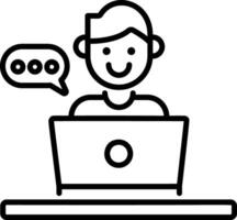 A person attending webinar on laptop, line style icon vector