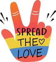 A flat sticker of a colourful hand making a peace sign with the text spread the love written on it vector