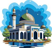 Mosque with a green dome and minarets, flat illustration vector