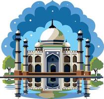 A flat illustration of a mosque building reflecting in a pool of water. vector