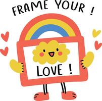 A flat sticker of a cute frame character holding a picture of a smiling cloud with the text love vector