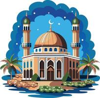 Flat illustration of qibli mosque with a golden dome and minarets vector
