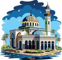 A flat illustration of muslim mosque surrounded by palm trees and a water body vector
