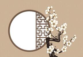 Chinese style window lattice round border white plum blossom background vector