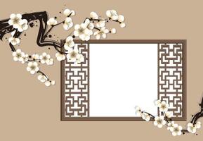 Chinese style window lattice square border white plum blossom background vector