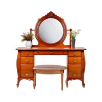 a wooden dressing table or desk with a mirror and a vase with flowers png