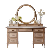 a wooden dressing table or desk with a mirror and a vase and flowers on it png