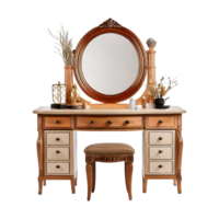 a wooden dressing table or desk with a mirror and a vase with flowers on it png