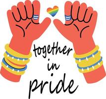 A flat sticker featuring two hands forming a heart with text together in pride vector