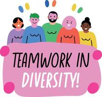 A flat sticker of protesters holding a sign that says teamwork in diversity vector