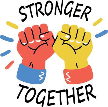 A flat sticker featuring two fists bumping together with the text stronger together vector