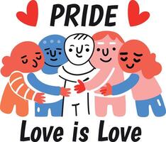 Flat sticker depicting group hug with text pride love is love vector