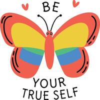 A flat sticker featuring butterfly wings with the text be your true self vector