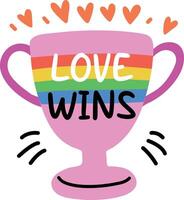 A flat sticker of pride trophy with a rainbow design and the text love wins vector