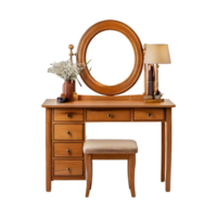 a wooden dressing table or desk with a mirror and a table lamp with flowers on it png